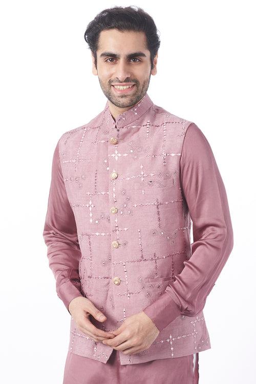 Lilac Mirror Work Bundi Jacket with Kurta Set