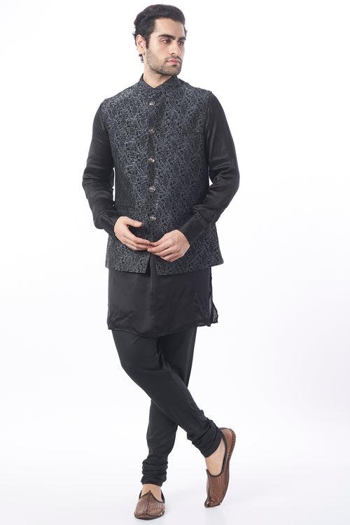 Black Brocade Bundi Jacket with Kurta Set