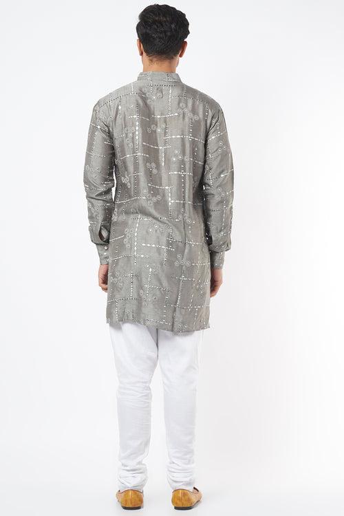 Grey Mirror Embroidery Kurta Set