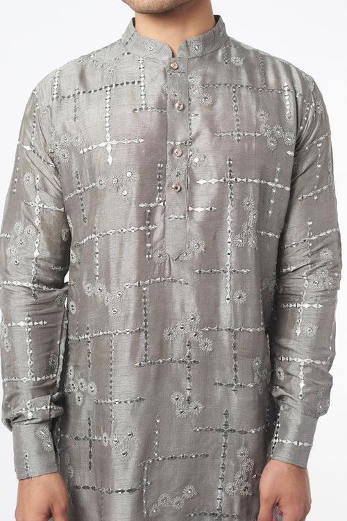 Grey Mirror Embroidery Kurta Set