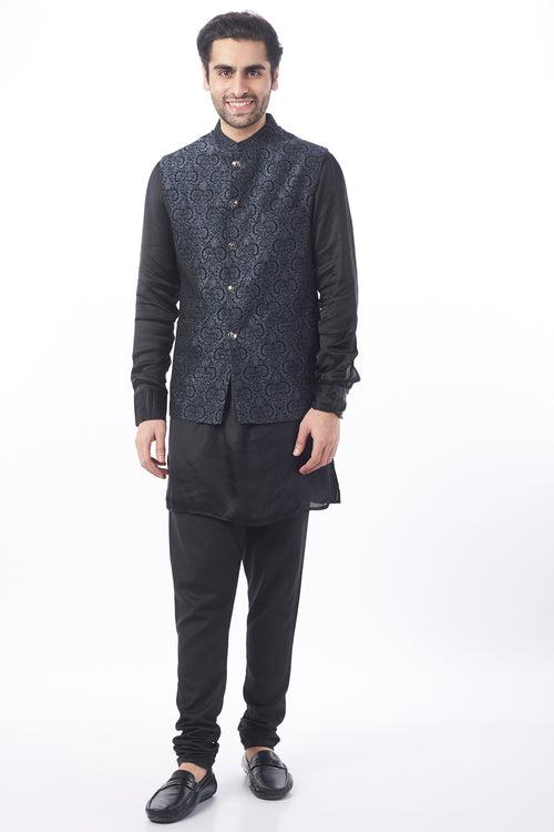 Grey Brocade Bundi Jacket with Kurta Set