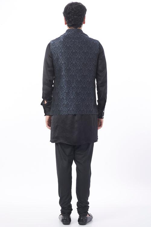 Grey Brocade Bundi Jacket with Kurta Set