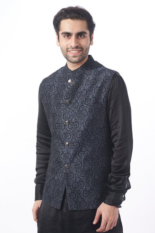 Grey Brocade Bundi Jacket with Kurta Set