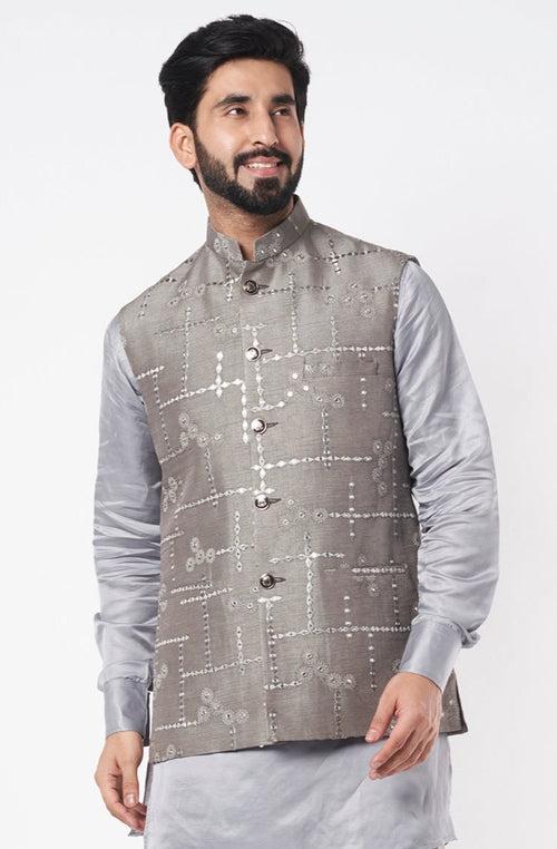 Grey Mirror Embroidered Bundi Jacket