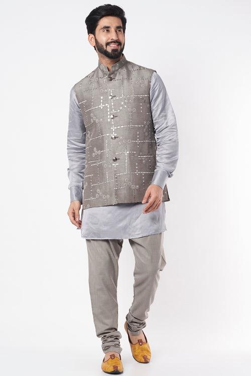 Grey Mirror Embroidered Bundi Jacket