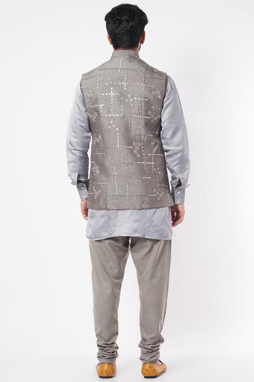 Grey Mirror Embroidered Bundi Jacket