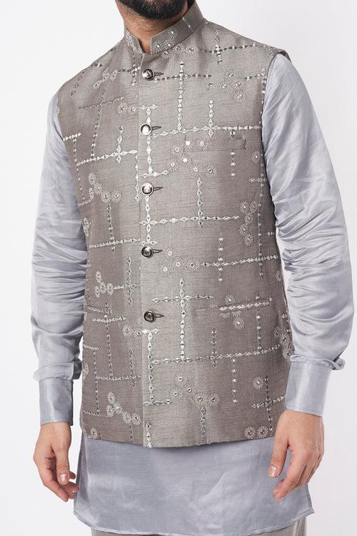 Grey Mirror Embroidered Bundi Jacket
