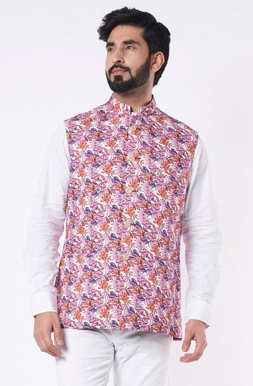 Pink Floral Print Bundi Jacket