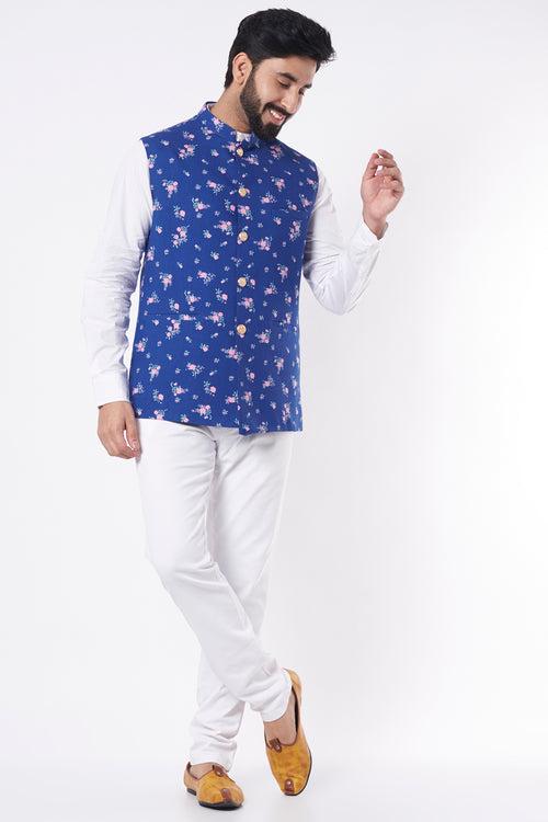 Blue Floral Print Bundi Jacket