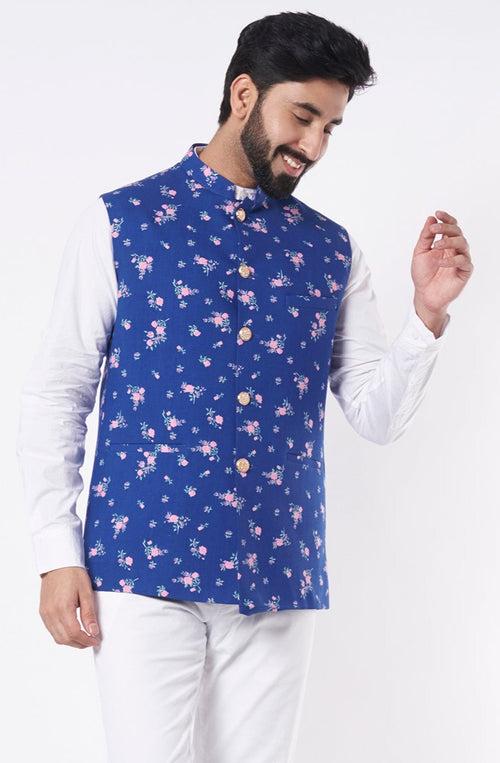 Blue Floral Print Bundi Jacket