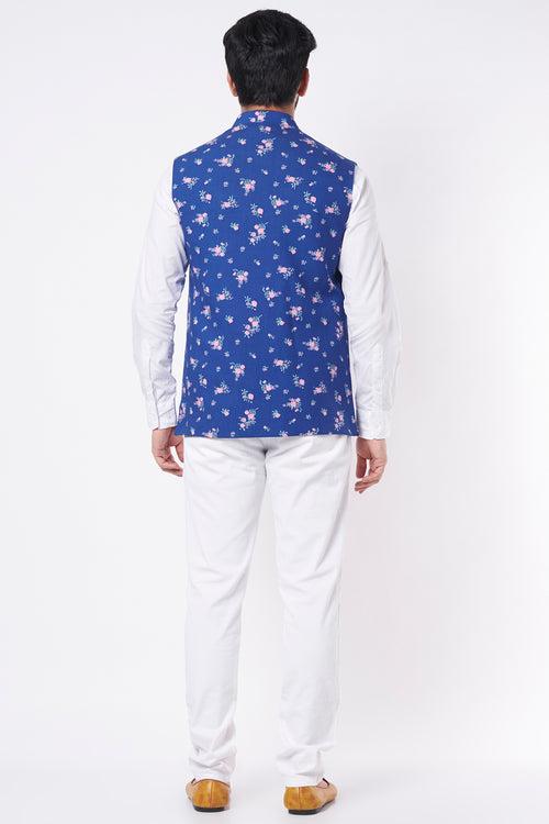 Blue Floral Print Bundi Jacket