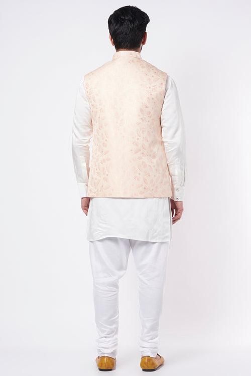 Pink Jacquard Bundi Jacket with Kurta Set