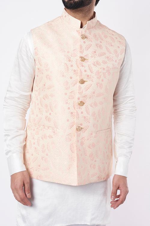 Pink Jacquard Bundi Jacket with Kurta Set