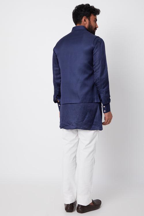 Navy Blue Bundi Linen Satin Jacket With Kurta Set