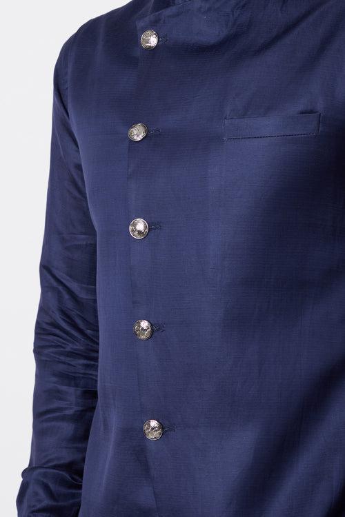 Navy Blue Bundi Linen Satin Jacket With Kurta Set