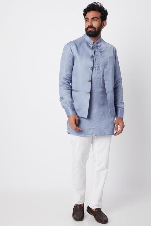 Sky Blue Bundi Linen Satin Jacket With Kurta Set