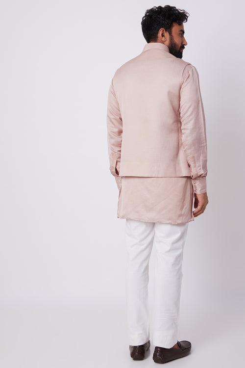 Blush Pink Linen Satin Bundi Jacket With Kurta Set