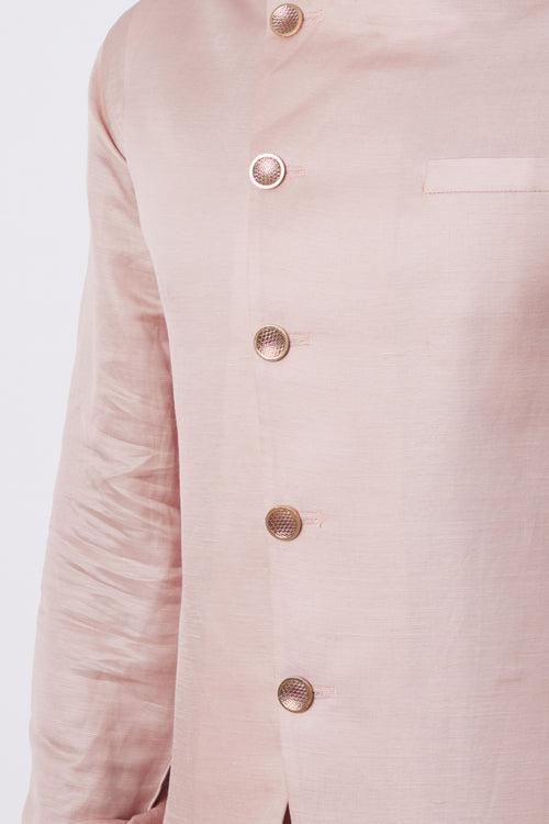 Blush Pink Linen Satin Bundi Jacket With Kurta Set