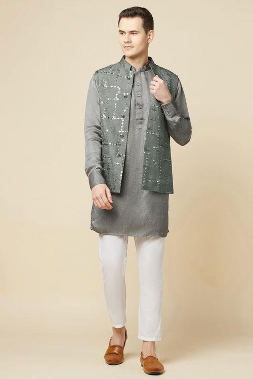 Grey Mirror Embroidered Jacket Kurta Set