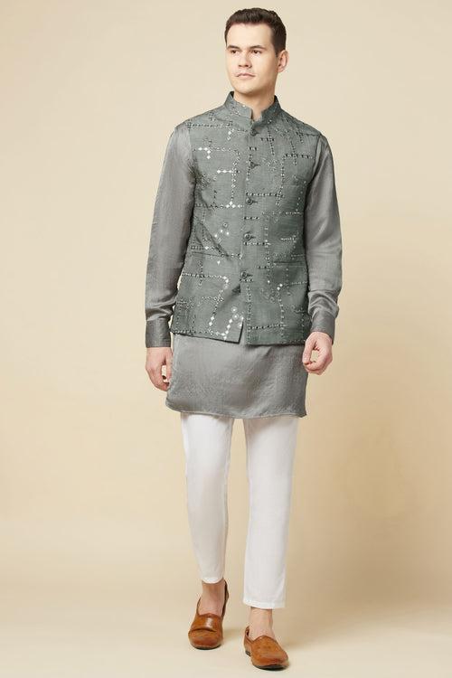 Grey Mirror Embroidered Jacket Kurta Set