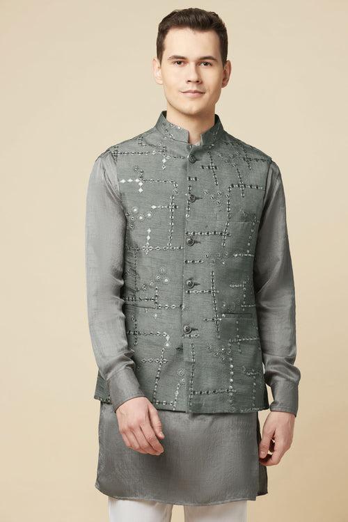 Grey Mirror Embroidered Jacket Kurta Set