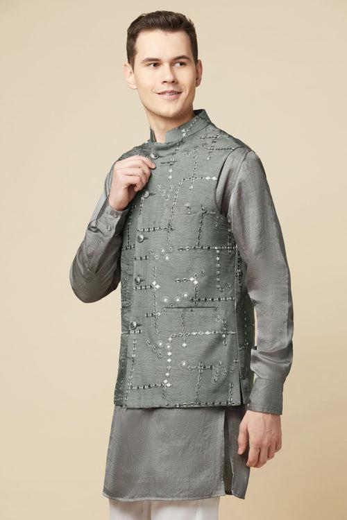 Grey Mirror Embroidered Jacket Kurta Set