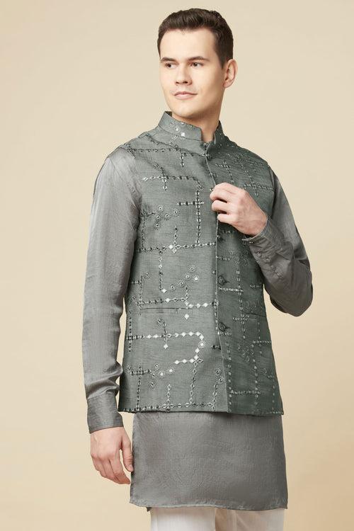 Grey Mirror Embroidered Jacket Kurta Set