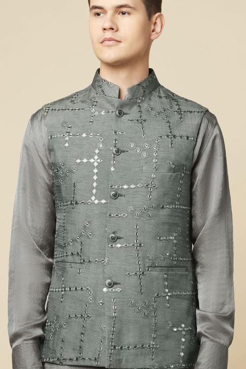 Grey Mirror Embroidered Jacket Kurta Set