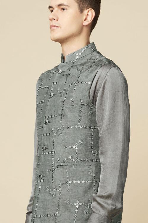 Grey Mirror Embroidered Jacket Kurta Set