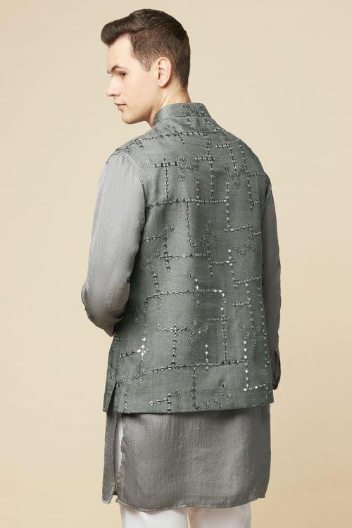 Grey Mirror Embroidered Jacket Kurta Set