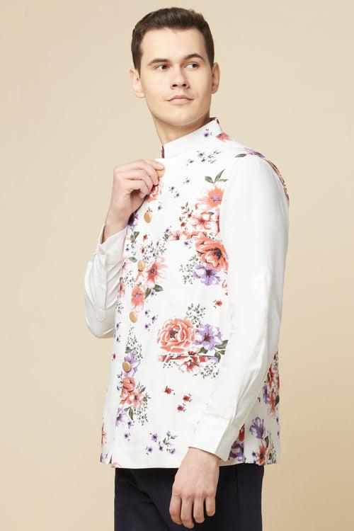 Floral Print Bundi Jacket Shirt Set