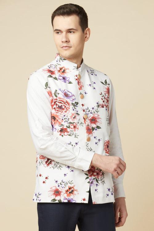 Floral Print Bundi Jacket Shirt Set