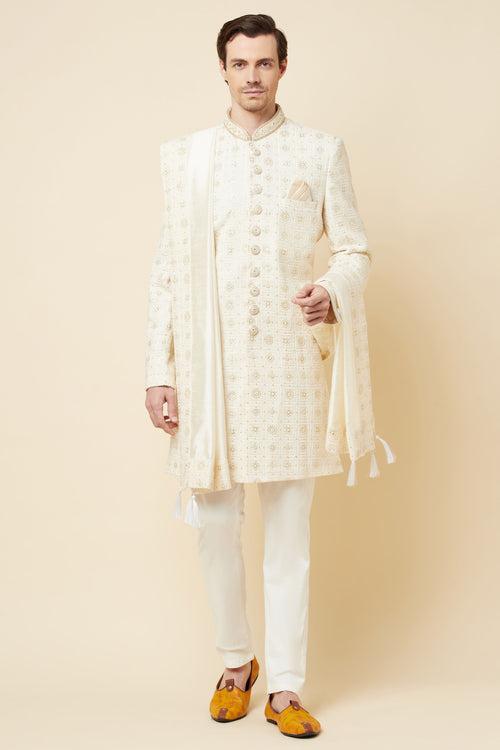 White Lucknowi Chikankari Embroidered Sherwani Set