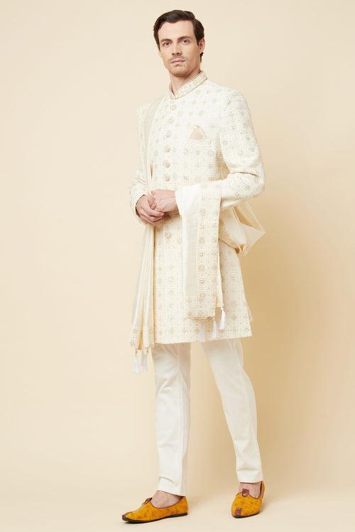 White Lucknowi Chikankari Embroidered Sherwani Set