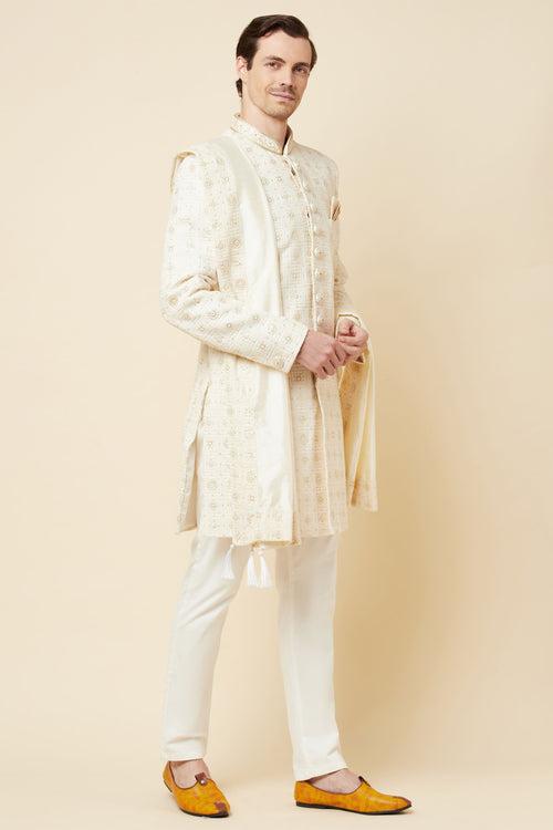 White Lucknowi Chikankari Embroidered Sherwani Set