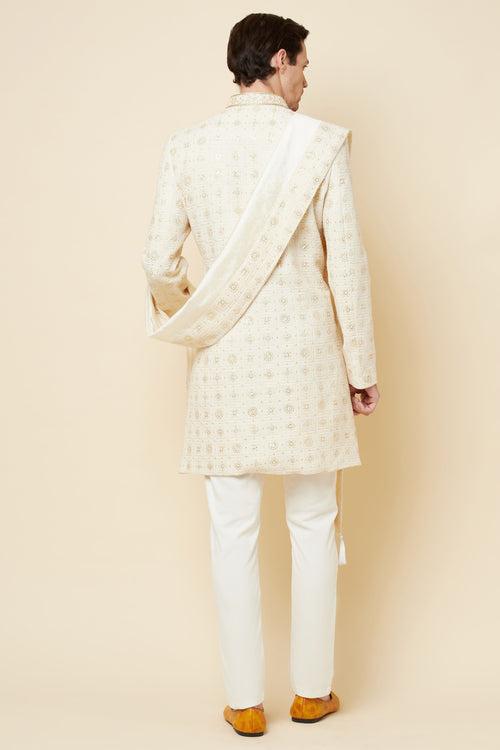 White Lucknowi Chikankari Embroidered Sherwani Set