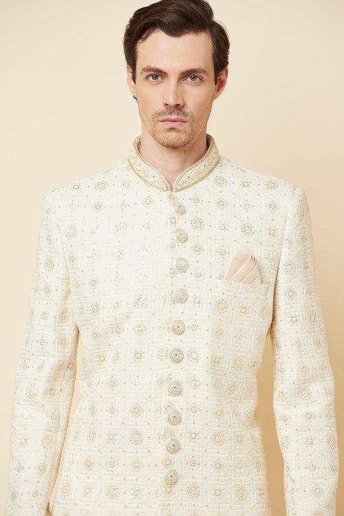 White Lucknowi Chikankari Embroidered Sherwani Set