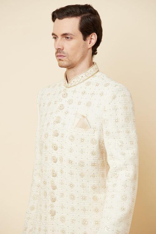 White Lucknowi Chikankari Embroidered Sherwani Set