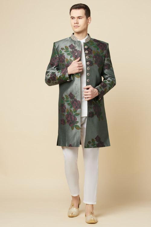 Grey Floral Print Sherwani Set