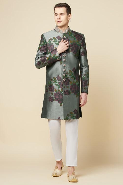 Grey Floral Print Sherwani Set