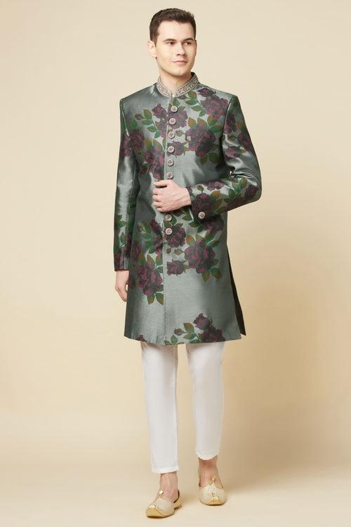 Grey Floral Print Sherwani Set