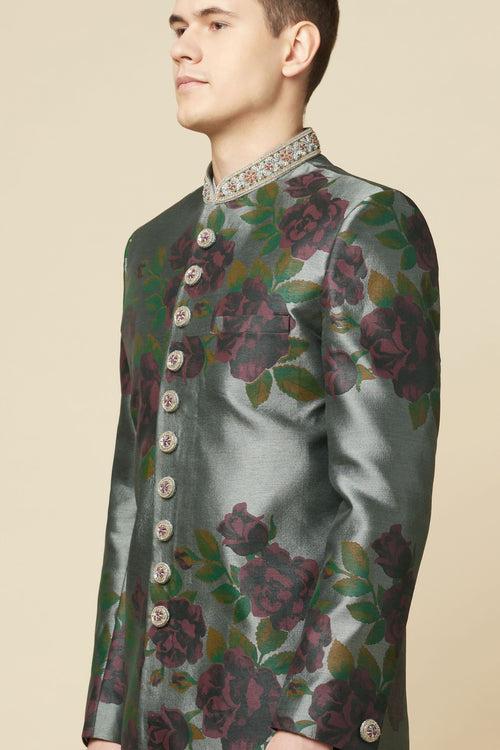 Grey Floral Print Sherwani Set