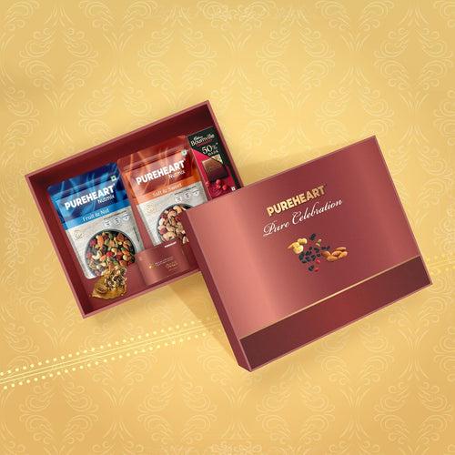 PUREHEART Diwali Gift Hamper - Combo of Fruit & Nut, Sweet & Salt Nutmix (80 g, each) with Bournville Dark Chocolate, Ganapati Diya and Happy Diwali Card, Dry Fruits Gift Box