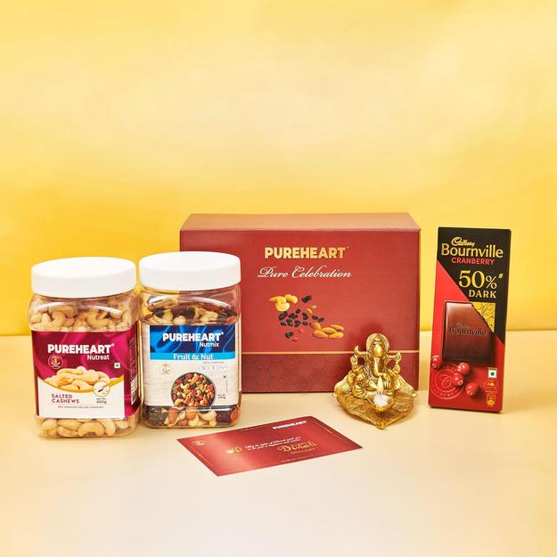 PUREHEART Diwali Gift Hamper - Combo of Fruit & Nut Nutmix, Salted Cashews (650 g, each) with Bournville Dark Chocolate, Ganpati Diya and Happy Diwali Card, Dry Fruits Gift Box