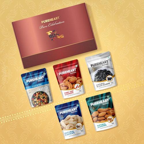 PUREHEART Diwali Gift Hamper - Natural Cashews, Fruit & Nut Nutmix, Black Raisins, Fiery Hot Cashews, Natural Almonds (80 g, each) with Bournville Chocolate and Happy Diwali Card, Dry Fruits Gift Box