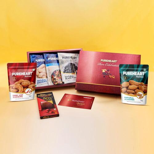 PUREHEART Diwali Gift Hamper - Natural Cashews, Fruit & Nut Nutmix, Black Raisins, Fiery Hot Cashews, Natural Almonds (80 g, each) with Bournville Chocolate and Happy Diwali Card, Dry Fruits Gift Box