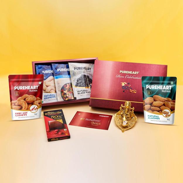 PUREHEART Diwali Gift Hamper - Natural Cashews, Fruit & Nut Nutmix, Black Raisins, Fiery Hot Cashews, Natural Almonds (80 g, each) with Bournville Dark Chocolate, Ganpati Diya and Happy Diwali Card