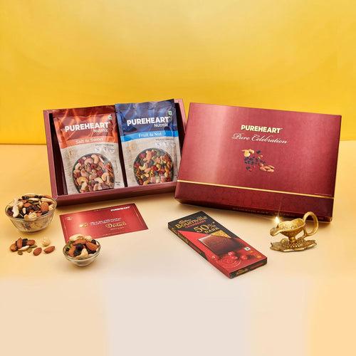 PUREHEART Diwali Gift Hamper - Combo of Fruit & Nut, Sweet & Salt Nutmix (80 g, each) with Bournville Dark Chocolate, Diya and Happy Diwali Card, Dry Fruits Gift Box