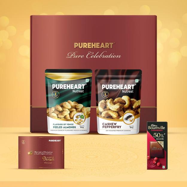 PUREHEART Diwali Gift Hamper - Combo of Pepperfry Cashews, Flavours of Venice Peeled Almonds (80 g, each) with Bournville Dark Chocolate and Happy Diwali Card, Dry Fruits Gift Box