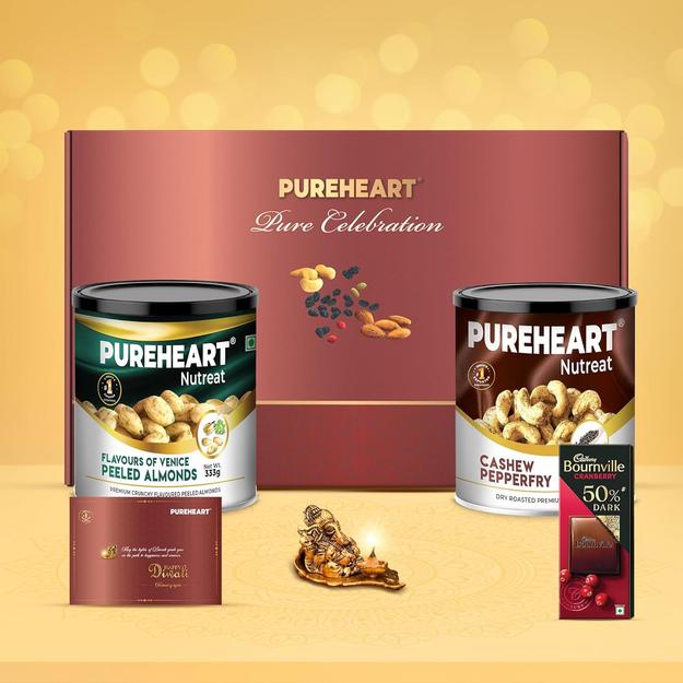 PUREHEART Pure Celebration Premium Diwali Gift Box | Dry Fruits Pack | Corporate Gift Hamper | Cashews Pepperfry, FOV Peeled Almonds | Chocolate | Card | Lord Ganesh Metal Diya | Festive Gifting